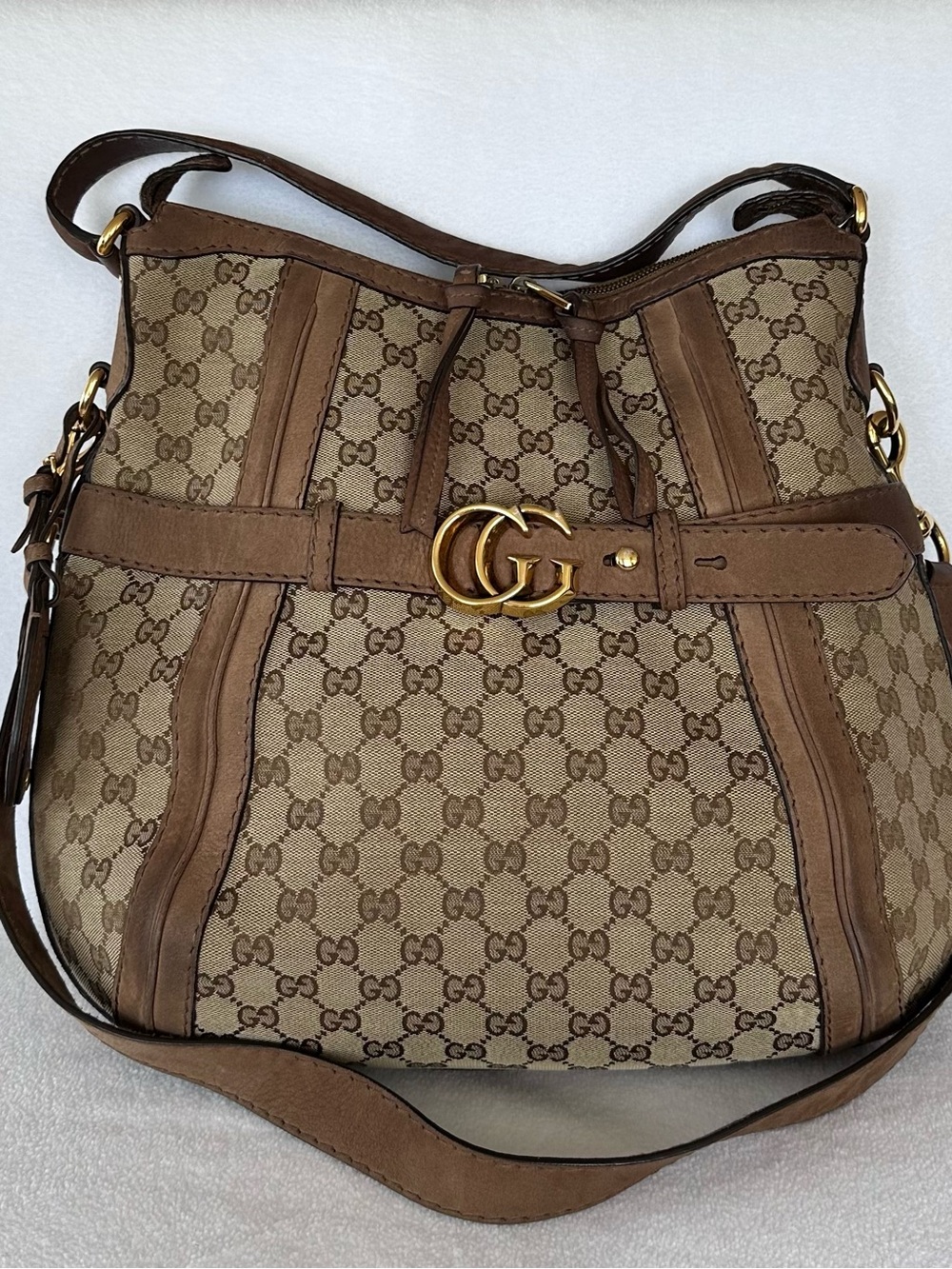 Gucci Beige and Brown GG Canvas Shoulder Bag with Gold Double G